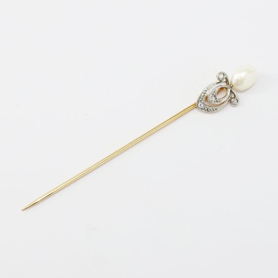 Picture of Antique Art Nouveau 14k 2-Tone Gold, Freshwater Pearl & Diamond Stick Pin