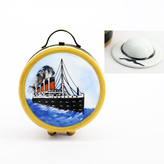 Picture of Limoges Porcelain Titanic Painted Hat Box Trinket Box with Surprise Hat Inside
