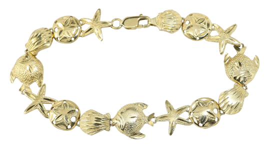 Picture of 14k Yellow Gold Fish, Starfish & Shell Links Bracelet