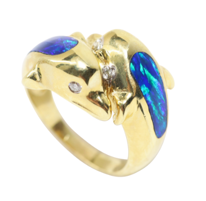 Picture of 14k Yellow Gold, Boulder Opal & Diamond Double Dolphin Bypass Ring
