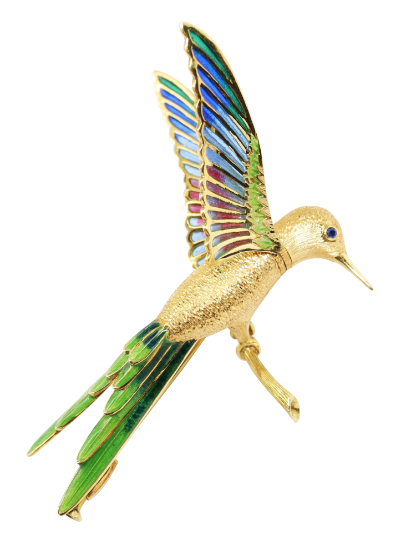 Picture of Vintage 18k Yellow Gold, Articulated Plique-à-Jour Hummingbird Brooch