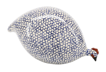 Picture of Lussan Ceramics Pecking (Head Down) Guinea Hen in White with Cobalt Blue Spots