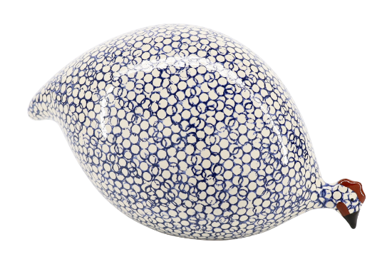 Picture of Lussan Ceramics Pecking (Head Down) Guinea Hen in White with Cobalt Blue Spots