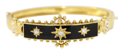 Picture of Victorian/Edwardian Era 14k Gold, Black Enamel, Seed Pearl & Old European Cut Diamond Bracelet