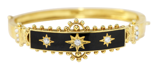 Picture of Victorian/Edwardian Era 14k Gold, Black Enamel, Seed Pearl & Old European Cut Diamond Bracelet