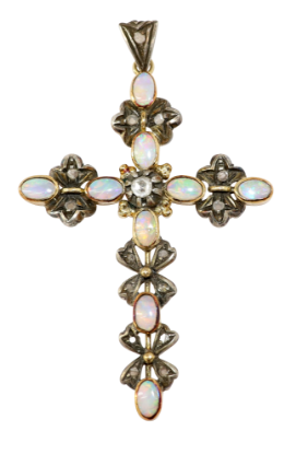 Picture of Antique Victorian Era 10k Yellow Gold, Silver, Opal Cabochon & Rose Cut Diamond Cross Pendant
