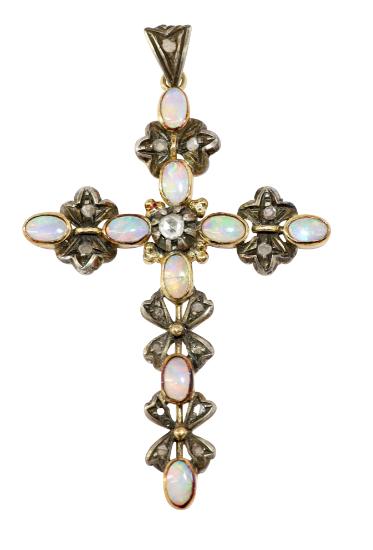 Picture of Antique Victorian Era 10k Yellow Gold, Silver, Opal Cabochon & Rose Cut Diamond Cross Pendant