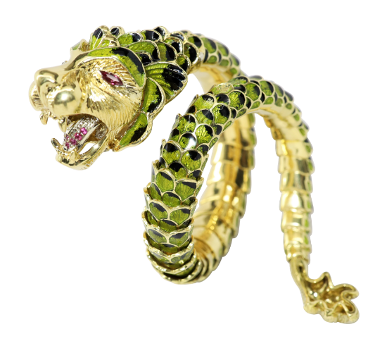 Picture of Vintage Mid Century 18k Yellow Gold, Ruby & Enamel Articulated Dragon Bracelet