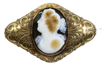 Picture of Antique Victorian Era 14k Yellow Gold & High Relief Carved Sardonyx Cameo Brooch