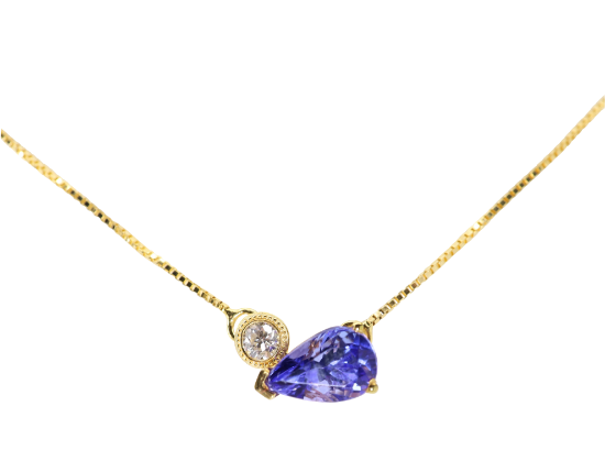 Picture of Custom 14k Yellow Gold Necklace with Pear Cut Tanzanite & Round Brilliant Cut Diamond Station