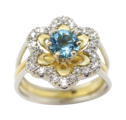 Picture of 18k Two Tone Gold Aquamarine & Diamond Flower Ring 