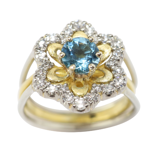 Picture of 18k Two Tone Gold Aquamarine & Diamond Flower Ring 