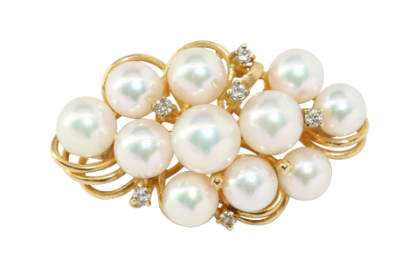 Picture of 14k Yellow Gold & Cultured Pearl Cluster Brooch with Diamond Accents