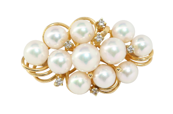 Picture of 14k Yellow Gold & Cultured Pearl Cluster Brooch with Diamond Accents