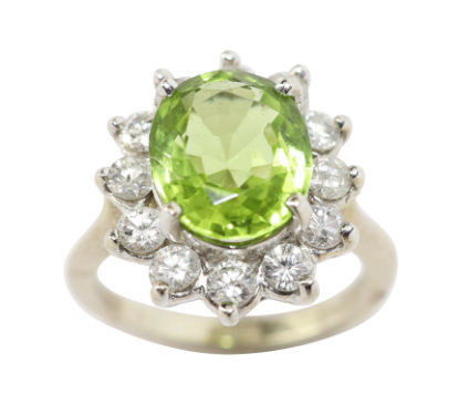 Picture of 14k White Gold & Oval Cut Peridot Ring with Diamond Halo