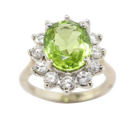 Picture of 14k White Gold & Oval Cut Peridot Ring with Diamond Halo
