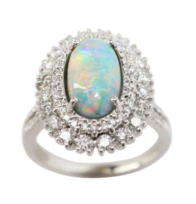Picture of 18k White Gold & Oval Opal Cabochon Ring with Double Diamond Halo