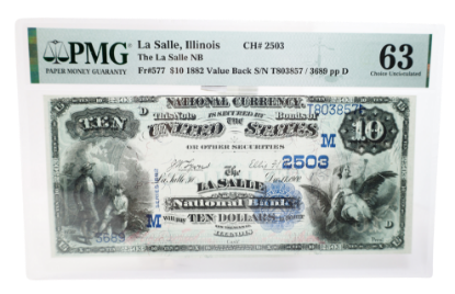 Picture of 1882 $10 National Bank Note – La Salle, IL – PMG Choice Uncirculated 63 (‘Value Back’).”