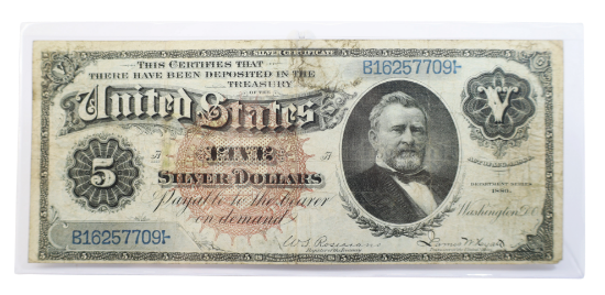 Picture of 1886 $5 Silver Certificate (“Grant ‘Pioneer’ V-Back”) – Large Size –