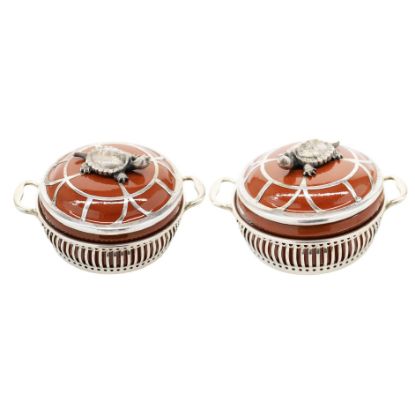 Picture of Rare Pair of Turtle Soup Ramekins with Sterling Silver Lids and Miniature Turtle Finials, Circa 1874–1909