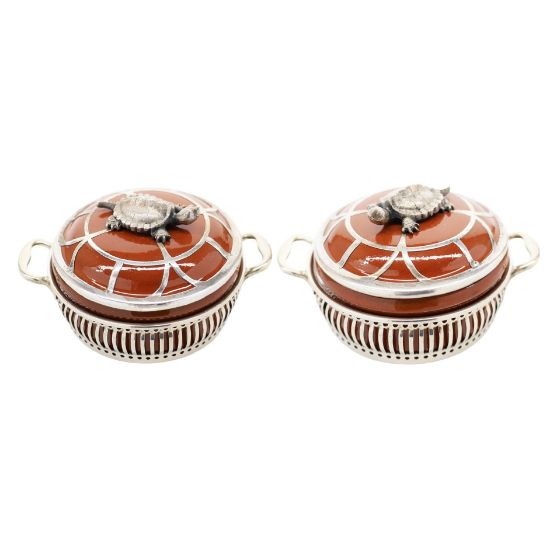 Picture of Rare Pair of Turtle Soup Ramekins with Sterling Silver Lids and Miniature Turtle Finials, Circa 1874–1909