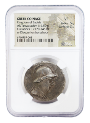 Picture of Eucratides I, c. 170-145, Kingdom of Bactria, Greek coinage, AR Tetradrachm, NGC VF 5/5