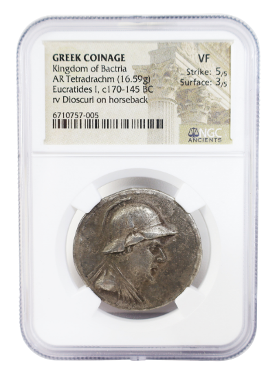 Picture of Eucratides I, c. 170-145, Kingdom of Bactria, Greek coinage, AR Tetradrachm, NGC VF 5/5
