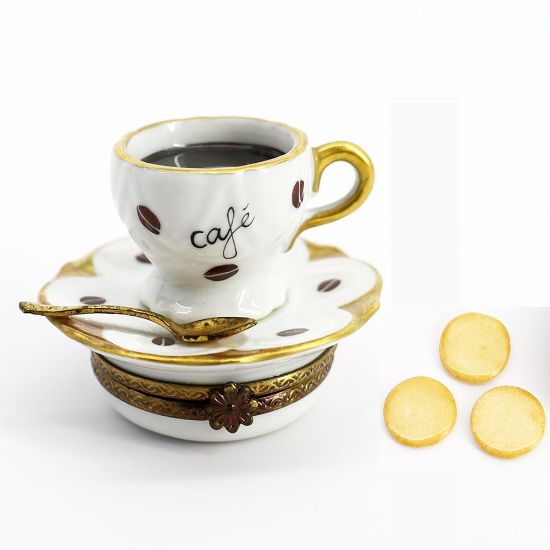 Picture of Limoges Porcelain Cup Of Coffee (Café), Spoon & Saucer Trinket Box with Surprise Biscuits Inside