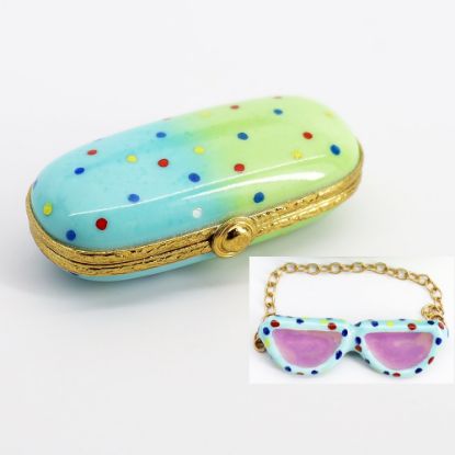 Picture of Limoges Porcelain Polka Dot Glasses Case Trinket Box with Surprise Sunglasses Inside
