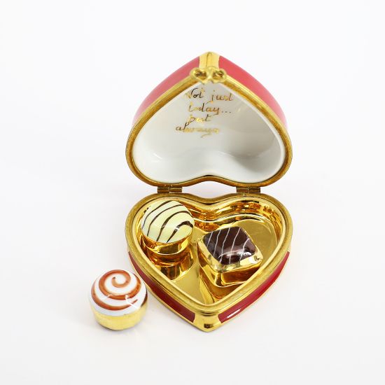 Picture of Limoges Porcelain 'Je t'aime' Heart Shaped Candy Trinket Box with 3 Surprise Chocolates Inside