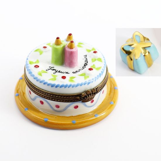 Picture of Limoges Porcelain 'Joyeux Anniversaire' Birthday Cake Trinket Box with Surprise Gift Inside
