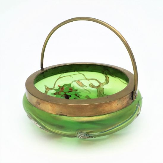 Picture of Antique Loetz/Pallme Konig Iridescent Green Bowl with Enameled Decoration & Brass Handle