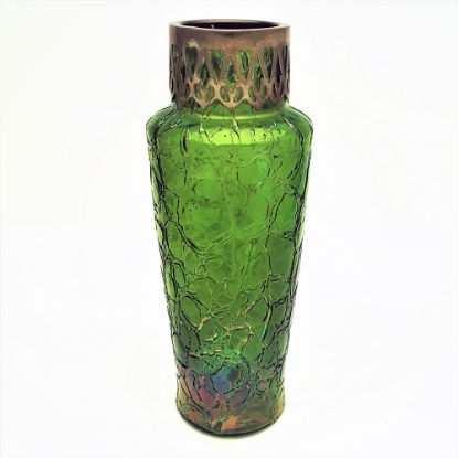 Picture of Antique Kralic Crackle Iridescent Green Glass Vase with Pierced Brass Rim
