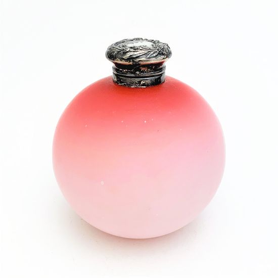 Picture of Victorian Era Webb Satin Peachblow Glass Perfume Bottle with Silver Plated Lid
