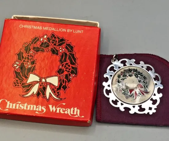 Picture of Lunt 1987 Sterling Silver "Christmas Wreath" Ornament, gently used, with box