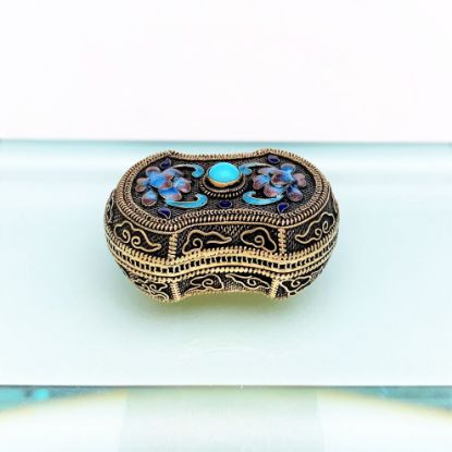 Picture of Vintage Chinese Export Gilt Silver Filigree, Enamel & Turquoise Pill/Snuff Box
