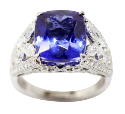 Picture of Platinum & Rectangular Cushion Cut Tanzanite Ring with Mixed Cut Diamond Accents