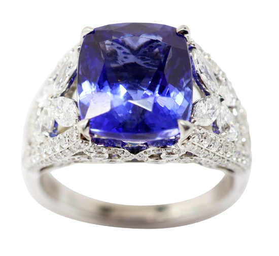 Picture of Platinum & Rectangular Cushion Cut Tanzanite Ring with Mixed Cut Diamond Accents