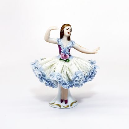 Picture of Vintage Dresden Lace Porcelain Ballerina Figurine in Blue, White & Purple