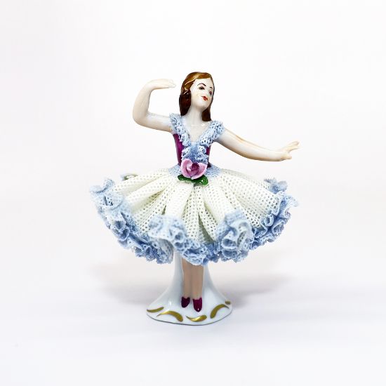 Picture of Vintage Dresden Lace Porcelain Ballerina Figurine in Blue, White & Purple