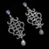 Picture of Clear Cz Oriental Shaped Dangle Earrings With Faux Pearl Drops & Post Backs. 2" Long, .8" Wide