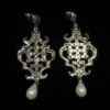 Picture of Clear Cz Oriental Shaped Dangle Earrings With Faux Pearl Drops & Post Backs. 2" Long, .8" Wide