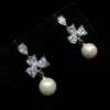 Picture of Clear Cz Hearts & Faux Pearls Post Back Dangle Earrings. 1.1" Long, .4" Wide