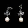 Picture of Clear Cz Hearts & Faux Pearls Post Back Dangle Earrings. 1.1" Long, .4" Wide