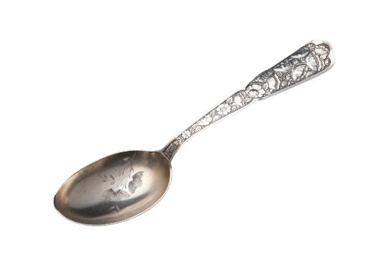 Picture of Antique Wood & Hughes Sterling Silver Serving Spoon with Poppy Motif Handle & Bright Cut Bowl