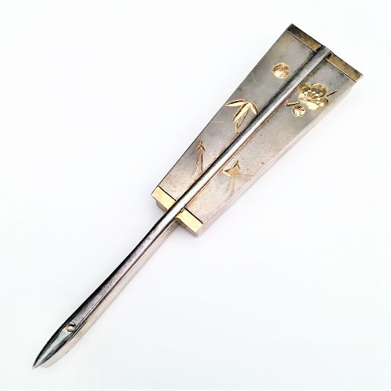 Picture of Antique 1868-1912 Japanese Jungin Silver Ogi (Fan) Shaped Trinket Box with Gold Detailing