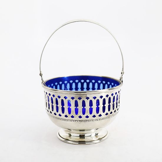 Picture of Vintage Sterling Silver Pierced Basket with Cobalt Blue Glass Liner