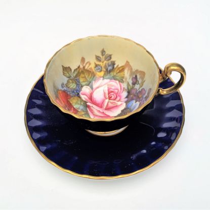 Picture of Rare Aynsley Bone China J.A. Bailey 'Cabbage Rose' Tea Cup & Saucer in Cobalt Blue