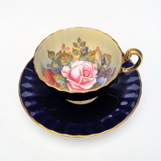 Picture of Rare Aynsley Bone China J.A. Bailey 'Cabbage Rose' Tea Cup & Saucer in Cobalt Blue