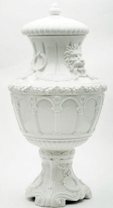 Picture of Vintage White Italian Ceramic Urn with Lion Head Details